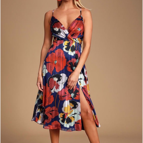 Lulu's All About Love Royal Blue Floral Print Midi dress sz S - Picture 1 of 6